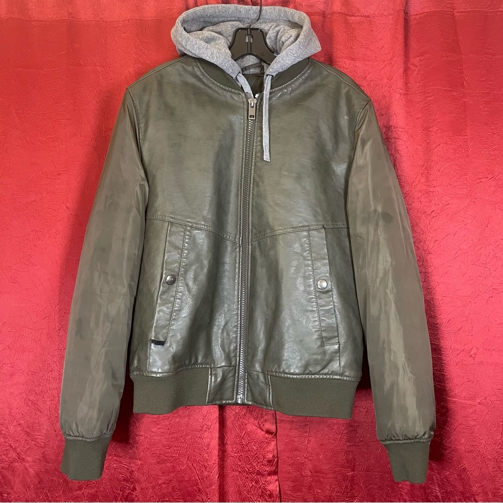 Bomber Jacket Express Hooded Olive Green Faux Leather Size Medium